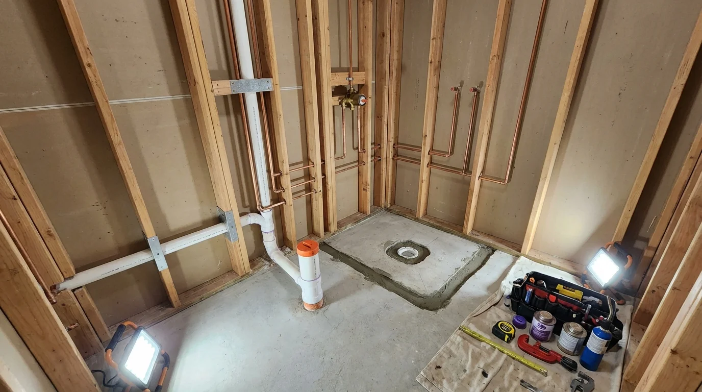 Bathroom rough-in plumbing during remodel by Johns Plumbing LLC in Goldens Bridge