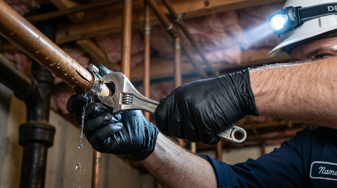 Emergency pipe clamp repair being performed by a Johns Plumbing LLC plumber in Goldens Bridge