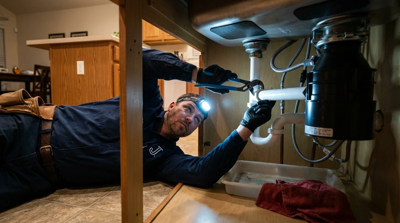 P-trap and supply line connections under a kitchen sink showing a common leak point in Goldens Bridge, NY